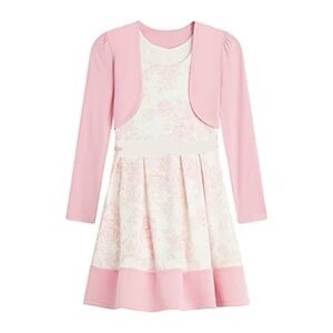 Knit Works Pink & White Floral Formal Dress & Cardigan Set Size 8